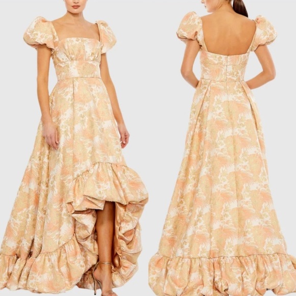 Mac Duggal 68276 Bubble Hem Square Neck Floral Puff Sleeve Hi-Lo Brocade Gown - Picture 1 of 16